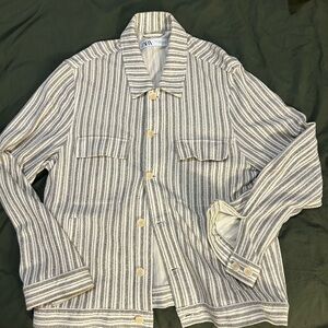 Zara Men's Cream and Gray Striped Jacket